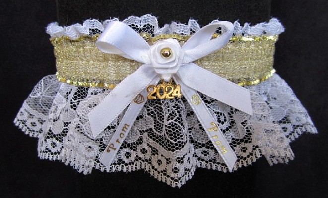 Sheer Gold Metallic Prom Garter with Prom Imprinted Ribbon Tails & Year Charm on White Lace