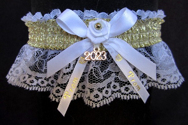 Shiny Gold Metallic Prom Garter with Prom Imprinted Ribbon Tails & Year Charm on White Lace