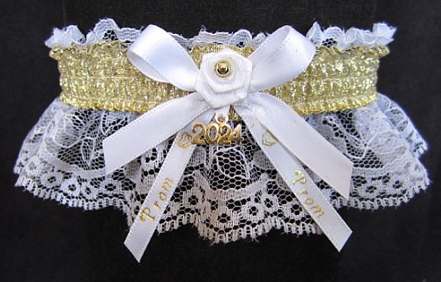 Shiny Gold Metallic Prom Garter with Prom Imprinted Ribbon Tails & Year Charm on White Lace