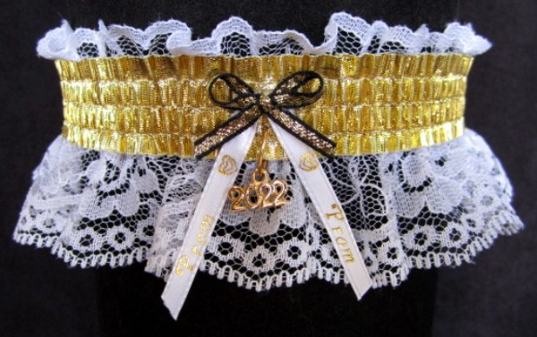 Lame Gold Metallic Prom Garter with Prom Imprinted Ribbon Tails & Year Charm on White Lace