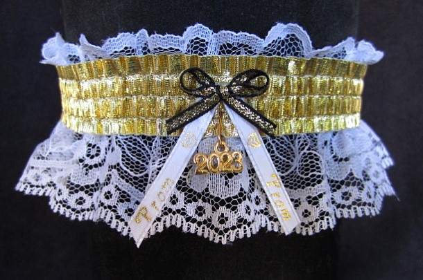 Lame Gold Metallic Prom Garter with Prom Imprinted Ribbon Tails & Year Charm on White Lace