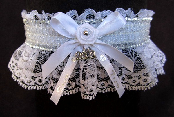 Sheer Silver Metallic Prom Garter with Prom Imprinted Ribbon Tails & Year Charm on White Lace