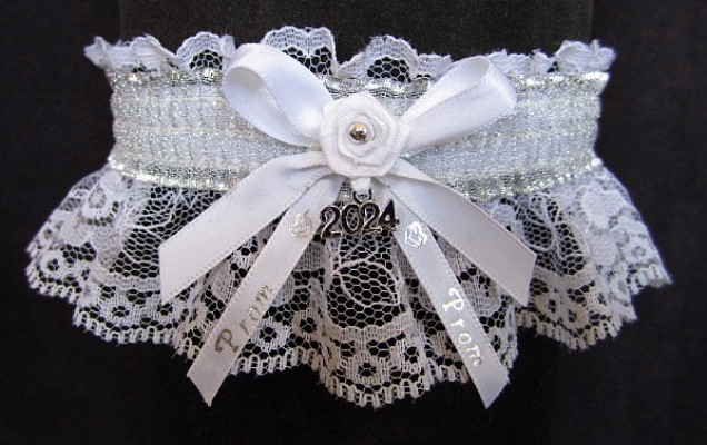 Sheer Silver Metallic Prom Garter with Prom Imprinted Ribbon Tails & Year Charm on White Lace