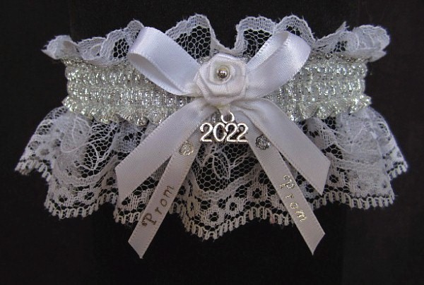 Shiny Silver Metallic Prom Garter with Prom Imprinted Ribbon Tails & Year Charm on White Lace