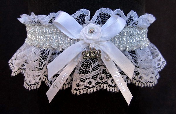 Shiny Silver Metallic Prom Garter with Prom Imprinted Ribbon Tails & Year Charm on White Lace