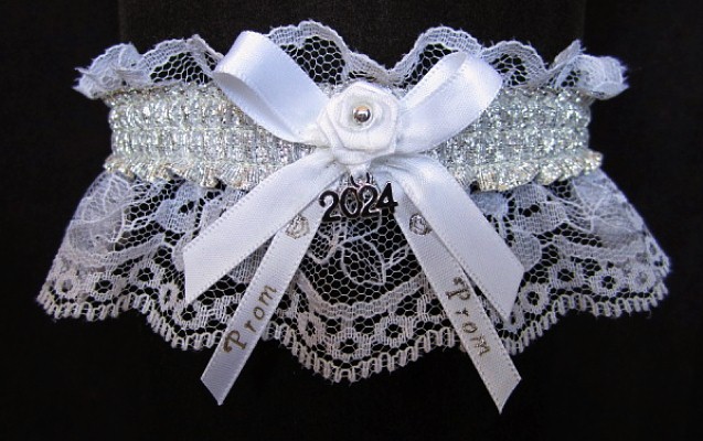 Shiny Silver Metallic Prom Garter with Prom Imprinted Ribbon Tails & Year Charm on White Lace