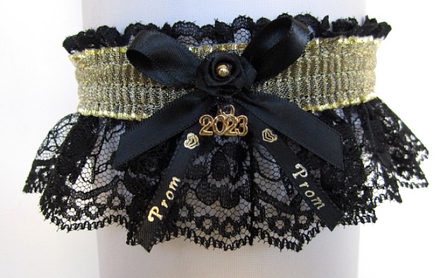 Sheer Gold Metallic Prom Garter with Prom Imprinted Ribbon Tails & Year Charm on Black Lace