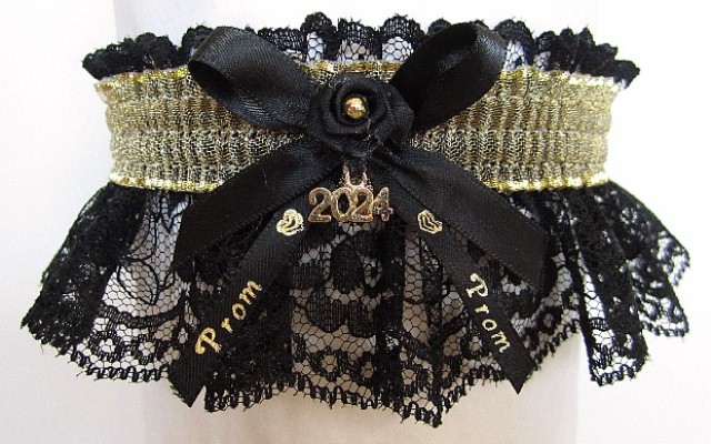 Sheer Gold Metallic Prom Garter with Prom Imprinted Ribbon Tails & Year Charm on Black Lace