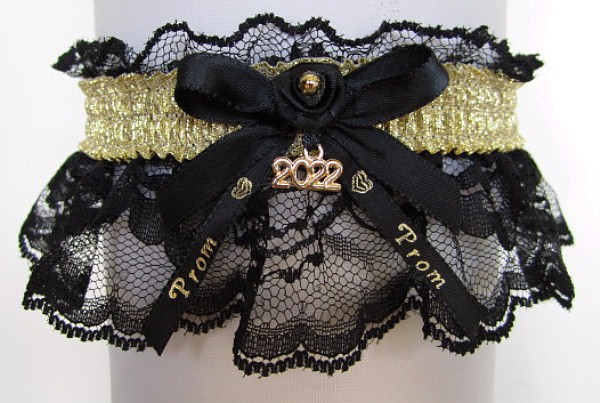 Shiny Gold Metallic Prom Garter with Prom Imprinted Ribbon Tails & Year Charm on Black Lace