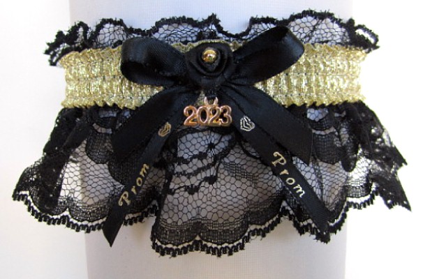Shiny Gold Metallic Prom Garter with Prom Imprinted Ribbon Tails & Year Charm on Black Lace