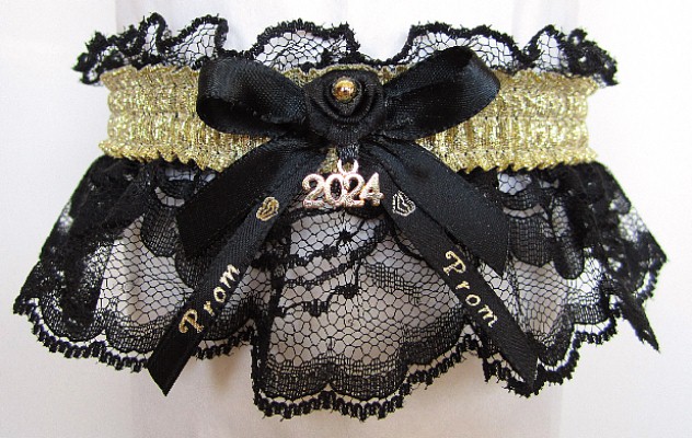Shiny Gold Metallic Prom Garter with Prom Imprinted Ribbon Tails & Year Charm on Black Lace