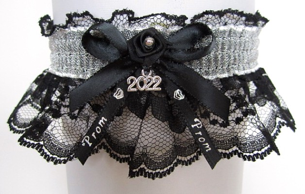 Sheer Silver Metallic Prom Garter with Prom Imprinted Ribbon Tails & Year Charm on Black Lace