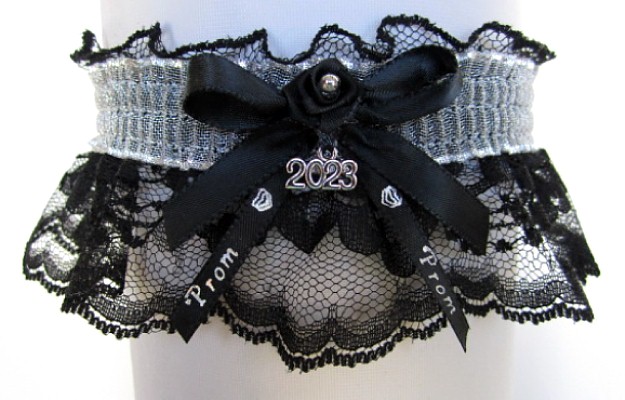 Sheer Silver Metallic Prom Garter with Prom Imprinted Ribbon Tails & Year Charm on Black Lace