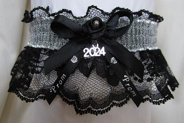 Sheer Silver Metallic Prom Garter with Prom Imprinted Ribbon Tails & Year Charm on Black Lace