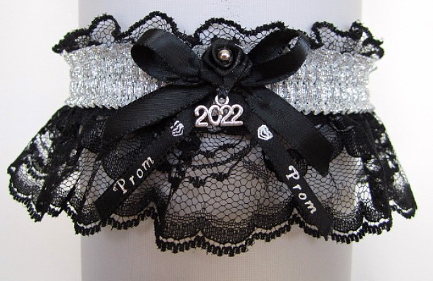 Shiny Silver Metallic Prom Garter with Prom Imprinted Ribbon Tails & Year Charm on Black Lace
