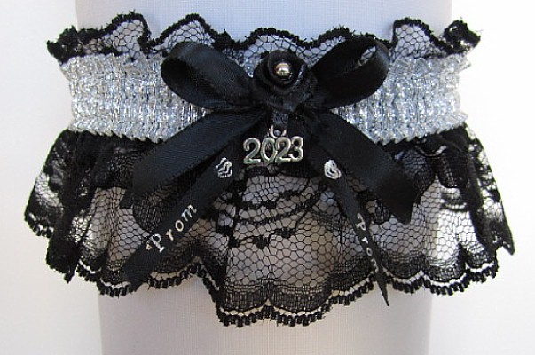 Shiny Silver Metallic Prom Garter with Prom Imprinted Ribbon Tails & Year Charm on Black Lace