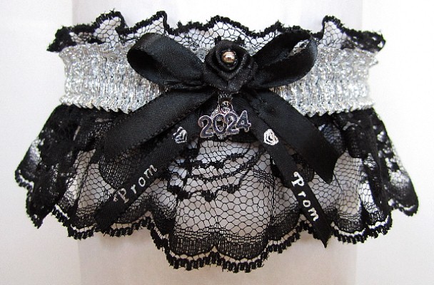 Shiny Silver Metallic Prom Garter with Prom Imprinted Ribbon Tails & Year Charm on Black Lace