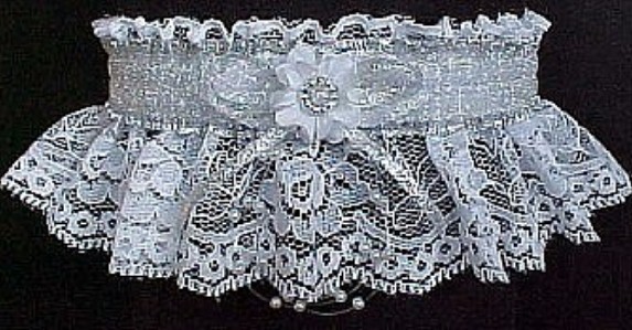 Totally Glam 2025 Prom Garter Feature w/ Sheer Silver Metallic band & trim on white lace. garder, garders