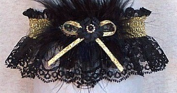 Glitzy Glitz Black & Gold Prom Garter Feature w/ Shiny Gold Metallic band & trim, marabou feathers on black lace. garder, garders