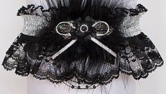 Glitzy glitz 2023 Prom Garter Feature w/ Shiny Silver Metallic band & trim, marabou feathers on black lace. garder, garders
