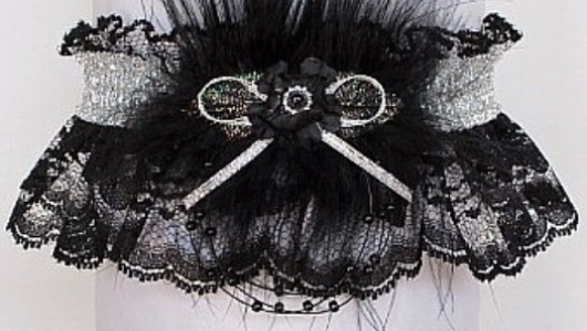 Glitzy glitz 2025 Prom Garter Feature w/ Shiny Silver Metallic band & trim, marabou feathers on black lace. garder, garders
