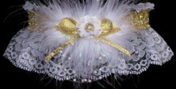 Glitzy glitz Prom Garter w/ Shiny Gold Metallic band & trim, marabou feathers on white lace. garder, garders