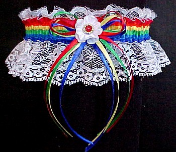 Keepsake Deluxe Rainbow Garters on white lace. garders, garder