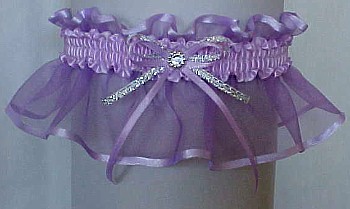 Iris Purple Wedding Garter in Satin with a Brilliant Rhinestone Heart and Personalized Engraving