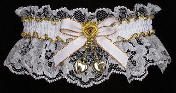 Fancy Bands™ White & Gold Garters with 2 Gold Hearts for Wedding Bridal Prom Valentine.