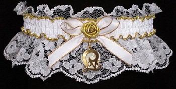 Fancy Bands™ White & Gold Garters with Love Script Charm. Prom garter Tradition - Prom Garter - Wedding Garter - Bridal Garter