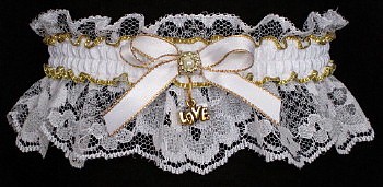 Fancy Bands™ White & Gold Garter with Gold Love Charm for Wedding Bridal Prom Valentine.