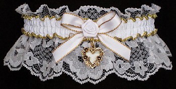 Fancy Bands™ White & Gold Garters with Gold Open Heart Charm for Wedding Bridal Prom Valentine.