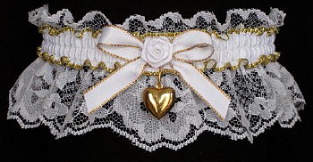 Fancy Bands™ White & Gold Garter with Gold Puffed Heart Charm for Wedding Bridal Prom Valentine.