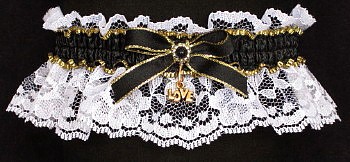 Fancy Bands™ Black and White Garter with Gold Love Charm. Prom Garter - Wedding Garter - Bridal Garter