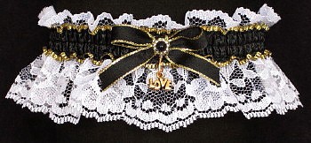 Fancy Bands Black and White Garter with Gold Love Charm. Prom Garter - Wedding Garter - Bridal Garter