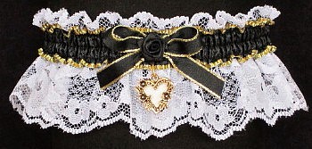 Fancy Bands™ Black and White Garter with Gold Open Heart Charm. Prom Garter - Wedding Garter - Bridal Garter