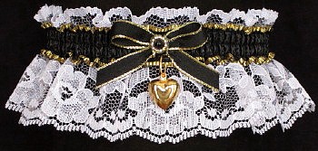 Fancy Bands™ Black and White Garter with Gold Puffed Heart Charm. Prom Garter - Wedding Garter - Bridal Garter