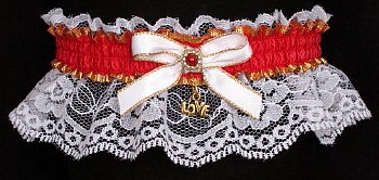 Fancy Bands™ Hot Red Garter on White Lace w/ Gold Love Charm. Prom Wedding Bridal Valentine