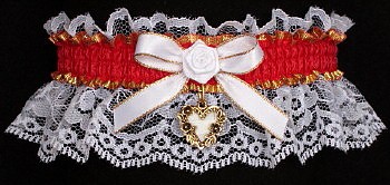 Fancy Bands™ Hot Red Garter on White Lace w/ Gold Open Heart Charm. Prom Wedding Bridal Valentine