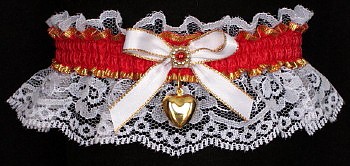 Red & Gold Garter w/ Puffed Heart on White Lace for Wedding Bridal Prom Valentine