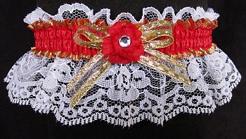 Hot Red and Gold Garter with Rhinestone on White Lace for Wedding Bridal Prom Valentine