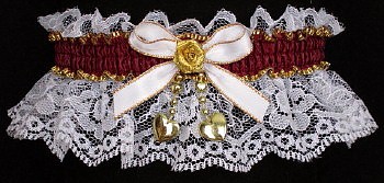 Burgundy Wine Garters on White Lace. Fancy Bands White Burgundy Gold Garters with 2 Gold Hearts. Prom Wedding Bridal Valentine