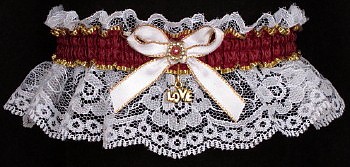 Burgundy Wine Garters on White Lace. Fancy Bands White Gold Burgundy Garters with Gold Love Charm. Prom Wedding Bridal Valentine