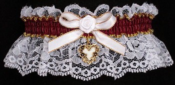 Burgundy Wine Garters on White Lace. Fancy Bands White Burgundy Gold Garters with Gold Open Heart Charm. Prom Wedding Bridal Valentine