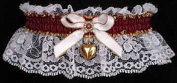 Burgundy Wine Garters on White Lace. Fancy Bands White Gold Burgundy Garters with Gold Puffed Heart. Prom Wedding Bridal Valentine