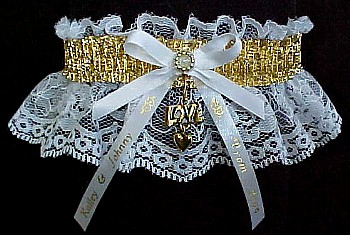 SHINY Gold Metallic Band on White Lace. Glitzy Glitz Metallic Prom Garters.