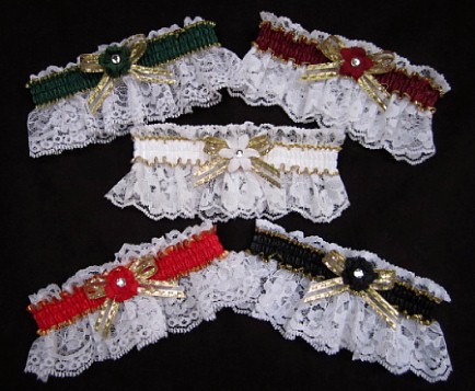 White Lace Rhinestone Garter / Red-Gold Garter / Green-Gold Garter / Burgundy Wine-Gold Garter / Black-White-Gold Garter / White-Gold Garter