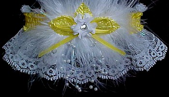 Crystal Rhinestone Garters with Colored Band or Trim and Marabou Feathers on White Lace for Wedding Bridal or Prom.