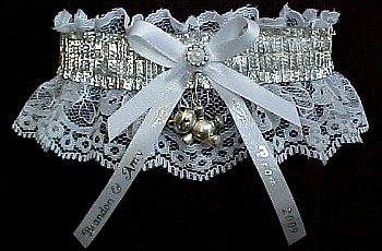 SHINY Silver Metallic Band on White Lace. Glitzy Glitz Metallic Prom Garters.