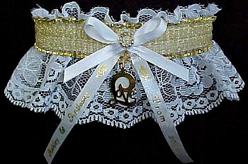 SHEER Gold Metallic Band on White Lace. Totally Glam Metallic Prom Garters.